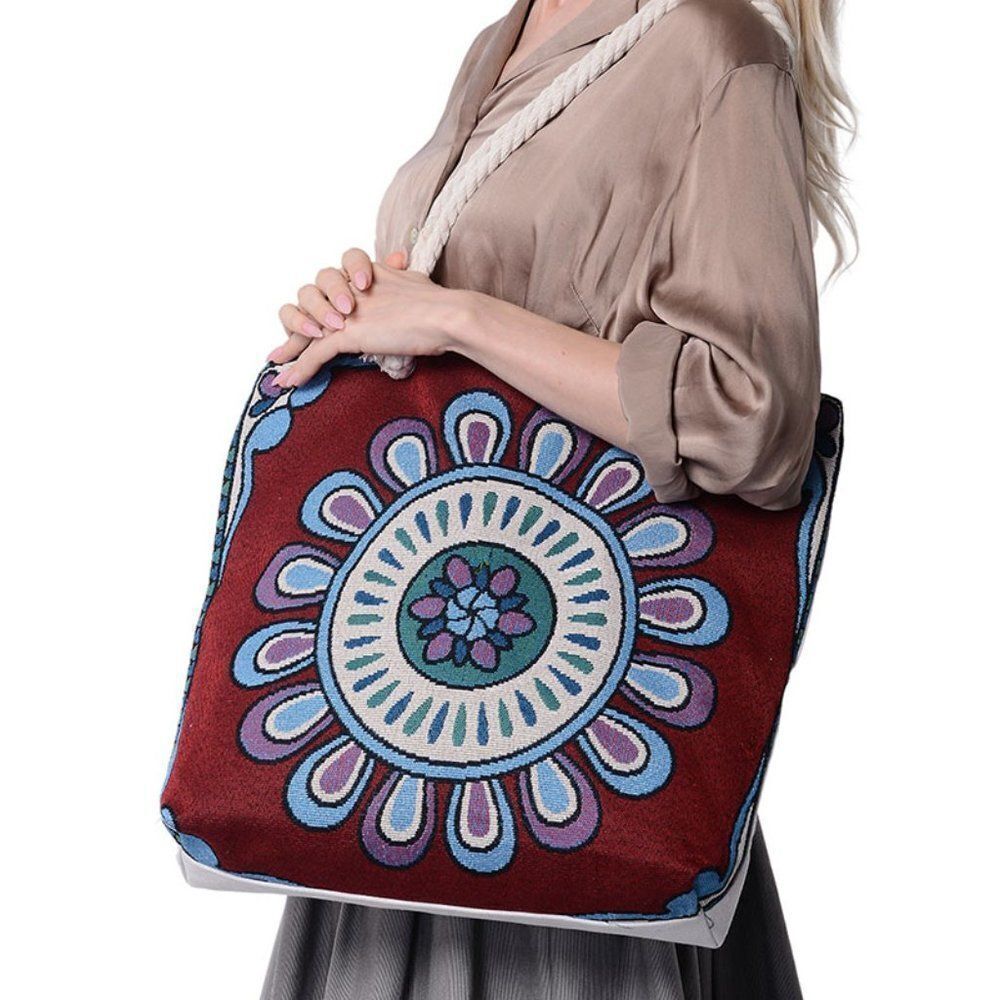 Flower Pattern Jute Tote Bag Maroon - Picture 3 of 6
